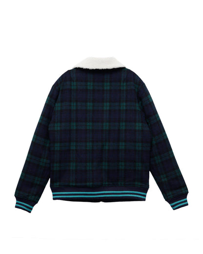 Wool Blend Plaid Jacket with Sherpa Collar | Green