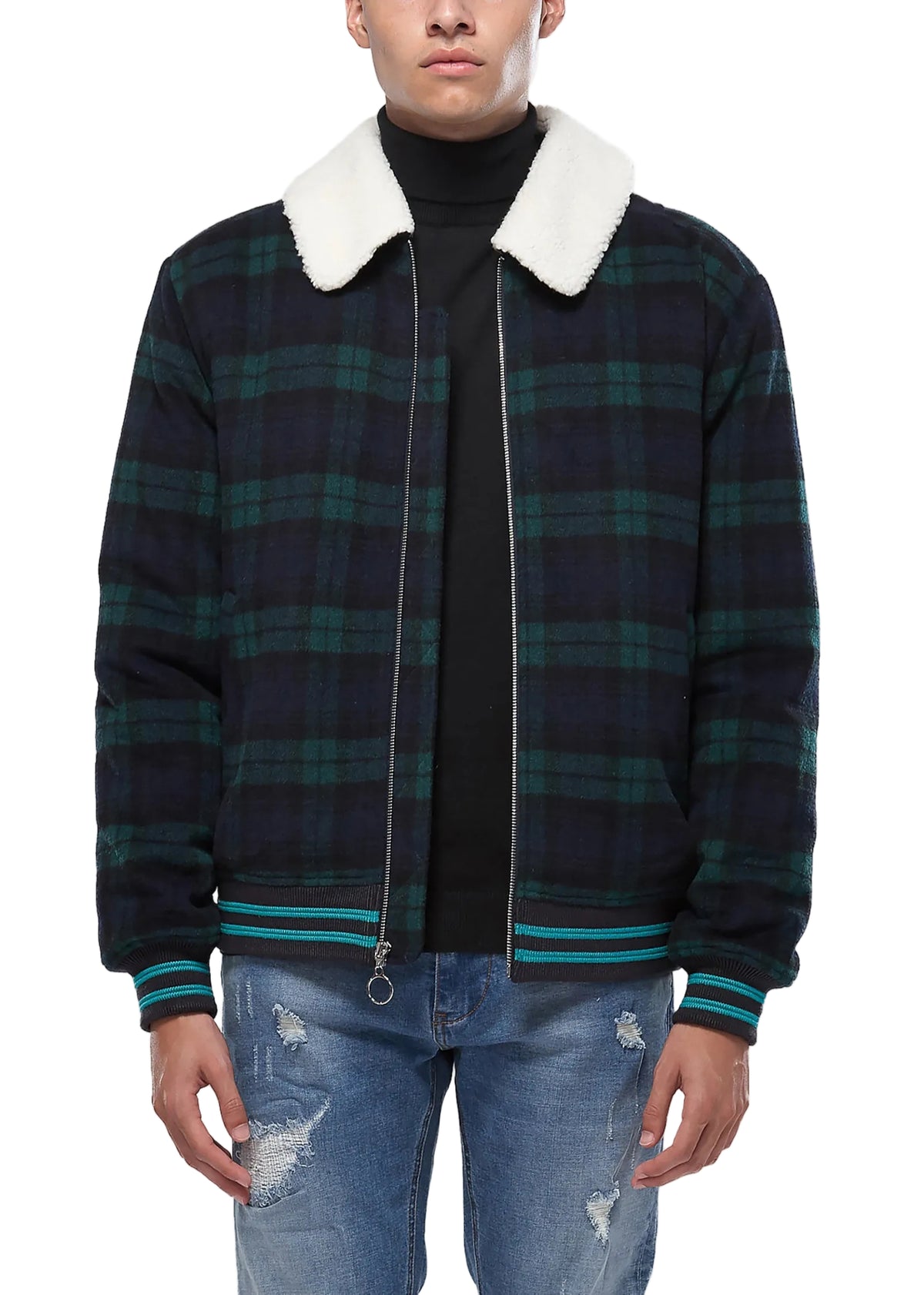 Person wearing a plaid jacket with a white collar on a white background