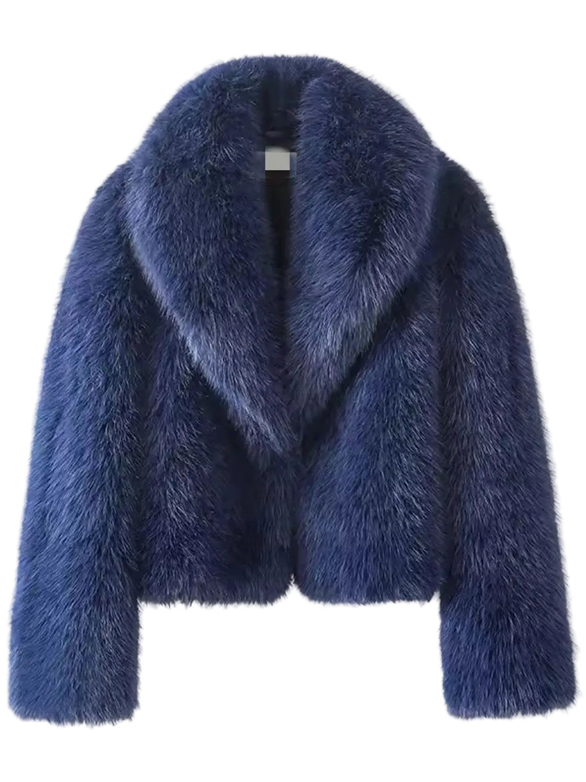 A cropped blue faux fur jacket with a wide shawl collar, displayed against a plain white background.