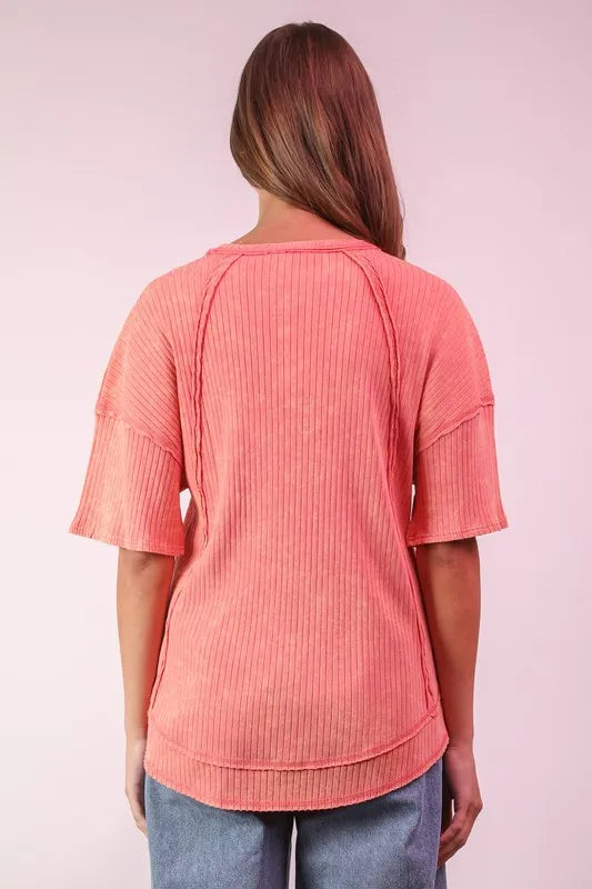 Mineral Washed Ribbed Knit Casual Top.