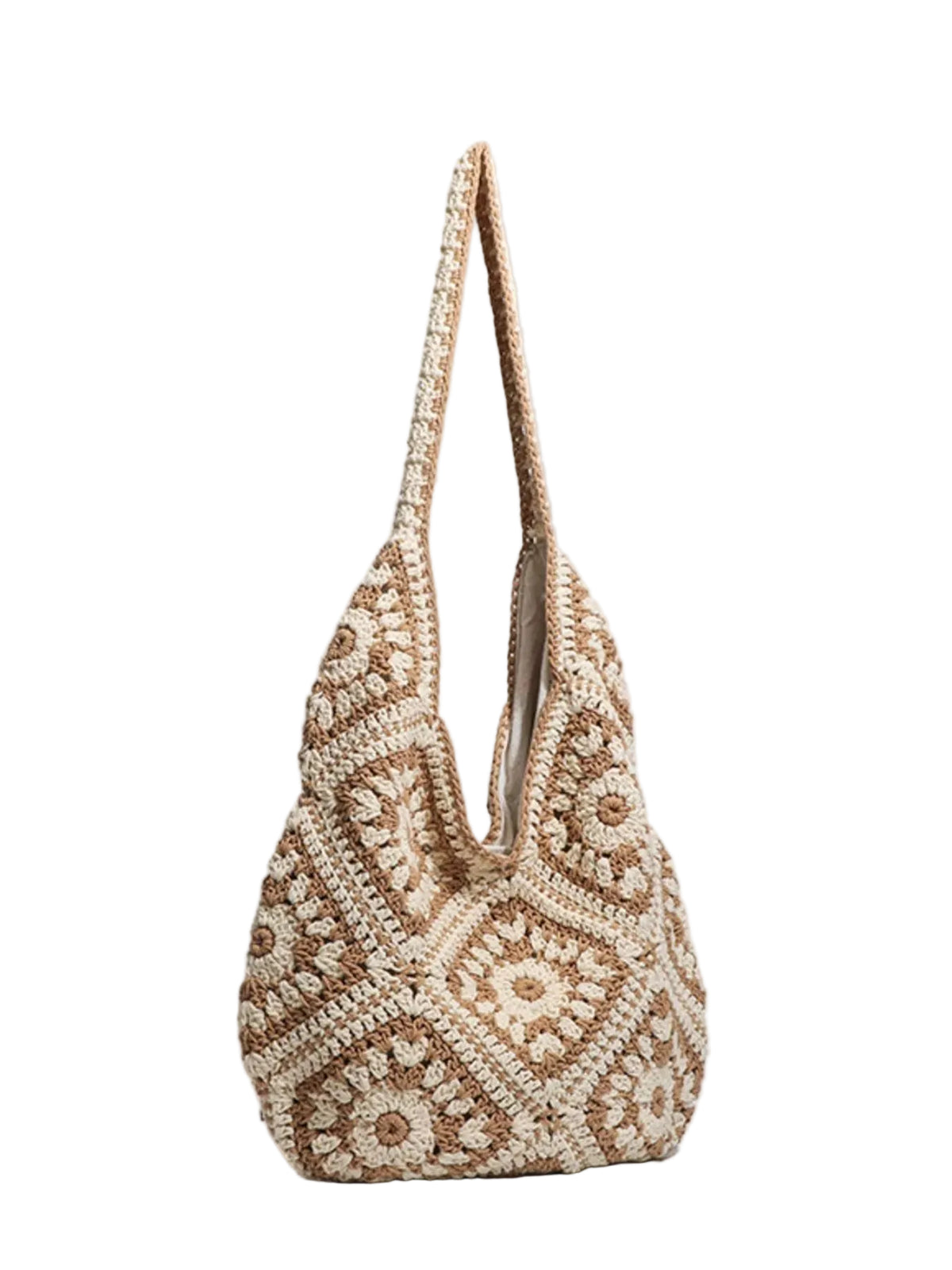 A handmade crochet shoulder bag in beige and cream, featuring intricate geometric patterns and a single shoulder strap, set against a plain light gray background.
