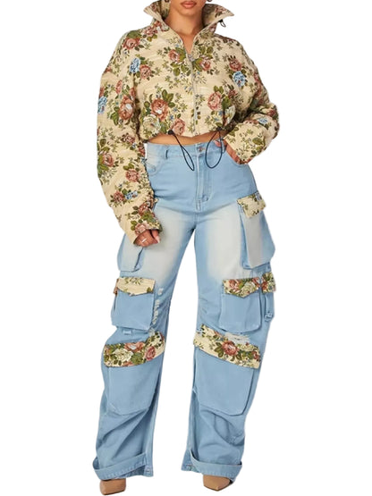 A model wearing a cream floral quarter-zip cropped jacket and light blue wide-leg cargo pants with floral patch details, photographed against a light gray studio background.