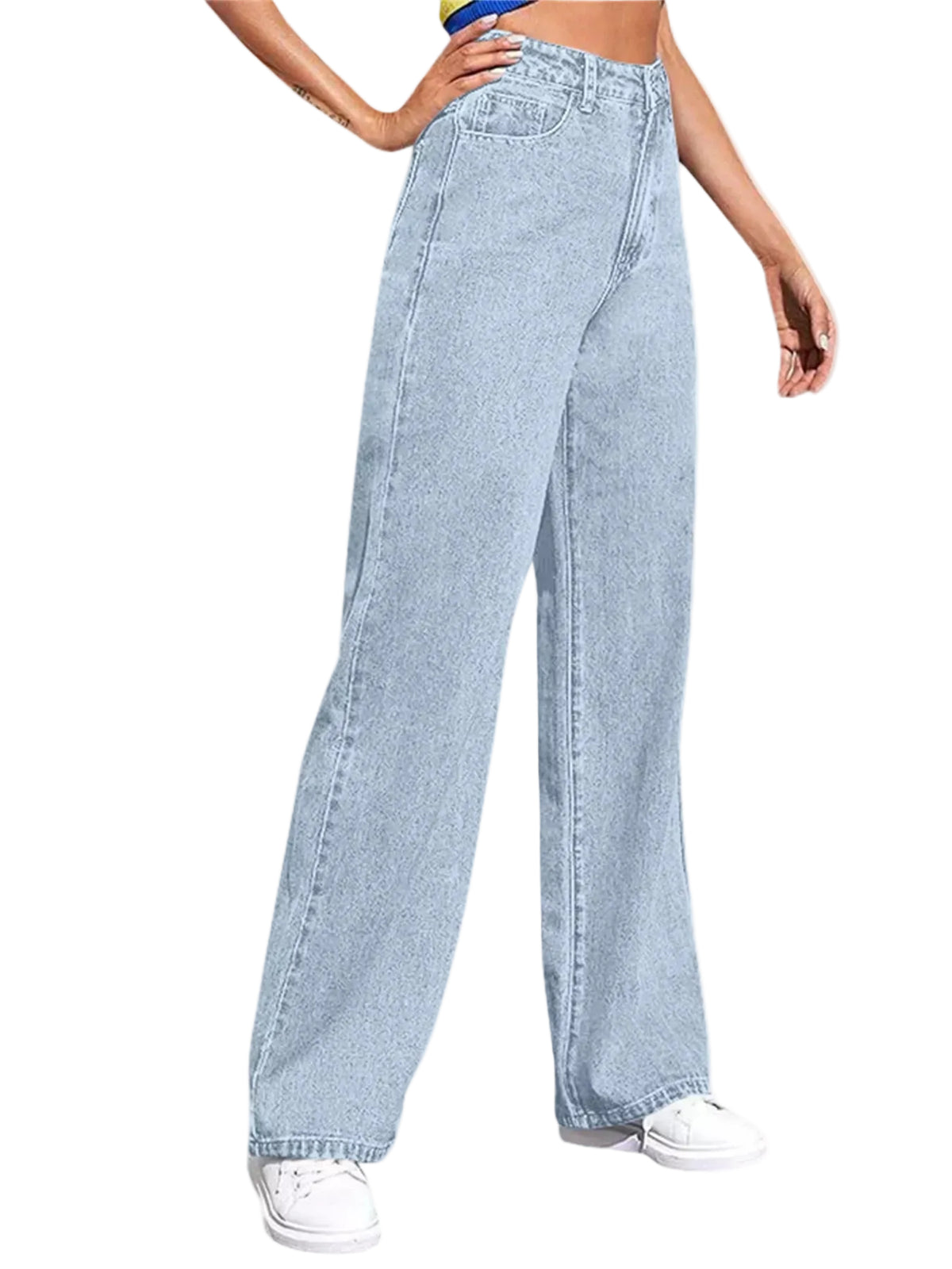 A model wearing light-wash, wide-leg denim jeans with a high waist, paired with white sneakers against a plain white background.