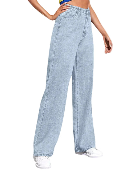 A model wearing light-wash, wide-leg denim jeans with a high waist, paired with white sneakers against a plain white background.