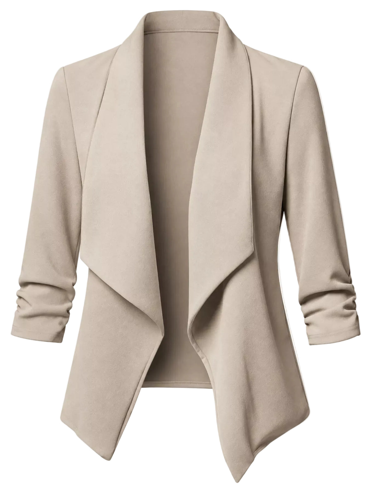 A light beige open-front drape jacket with three-quarter sleeves, shown on a plain white background.