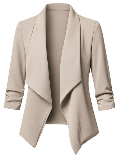 A light beige open-front drape jacket with three-quarter sleeves, shown on a plain white background.