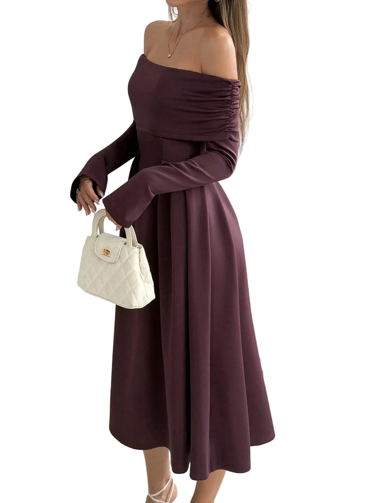 Off-Shoulder Long Sleeve Midi Dress