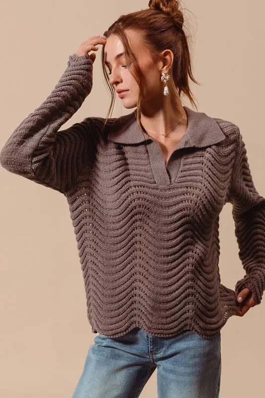 Notched Collar Wavy Texture Sweater Top.