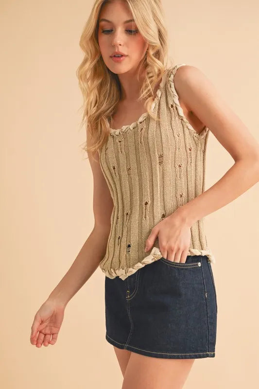 Distressed Detail Round Neck Knit Tank.