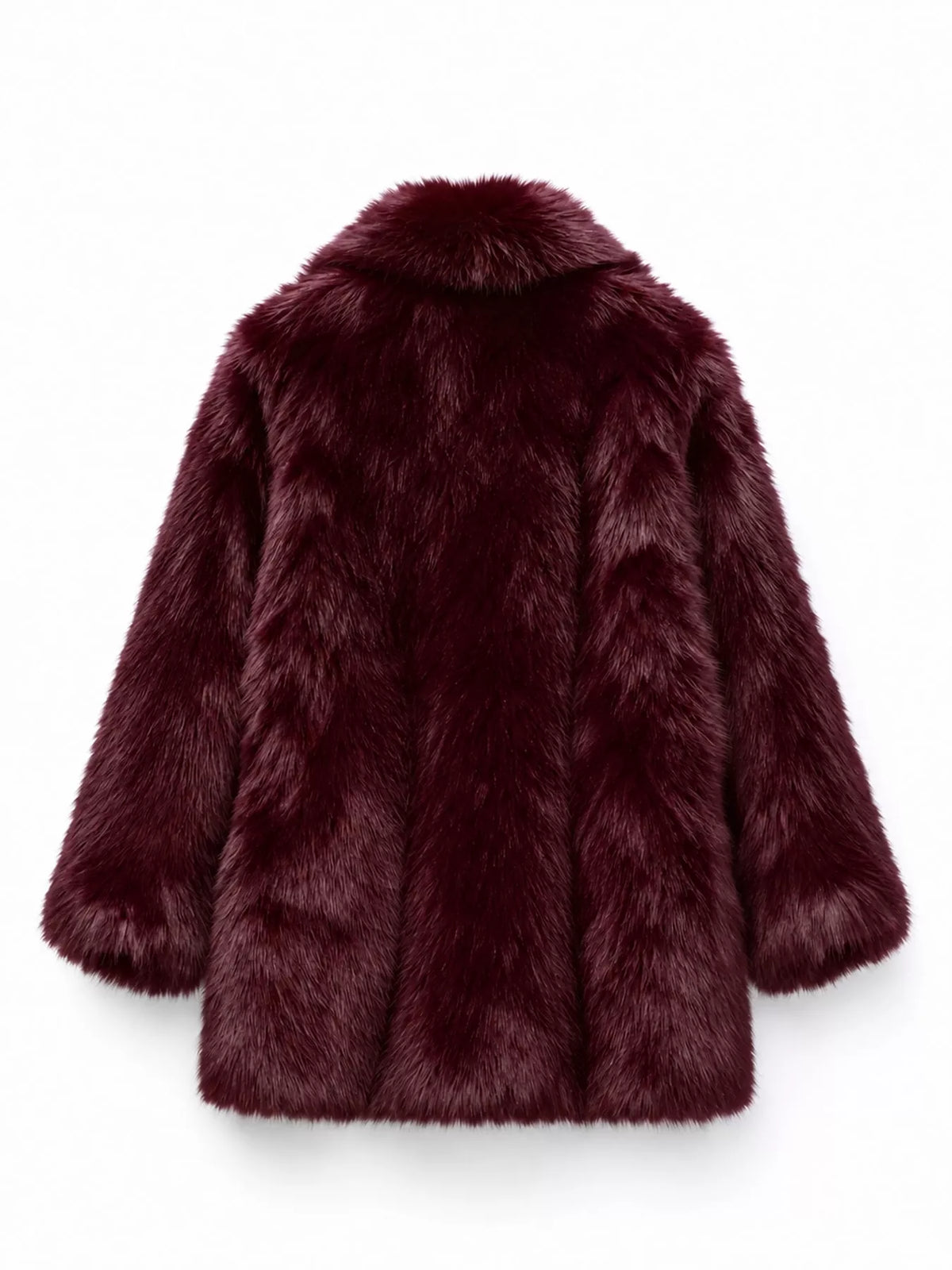 A plush faux fur coat in a deep burgundy color, shown from the back against a plain white background.