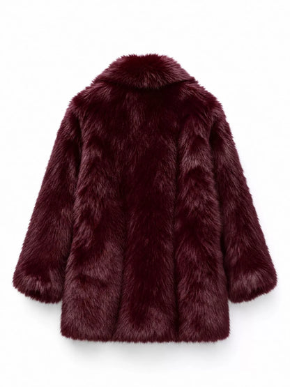 A plush faux fur coat in a deep burgundy color, shown from the back against a plain white background.