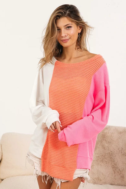 Popcorn Waffle Top with Thermal Color Block Uneven Hem