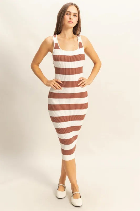Striped Scoop Neck Wide Strap Knit Dress.