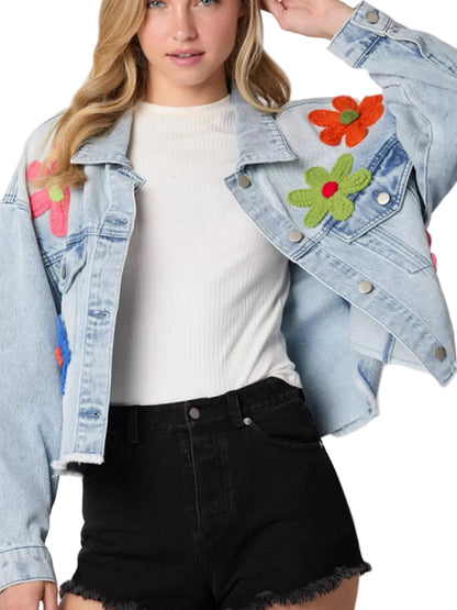 Applique Cropped Denim Jacket with Raw Hem