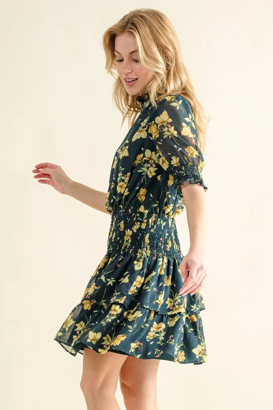 Floral Print Smocked Waist Mini Dress.