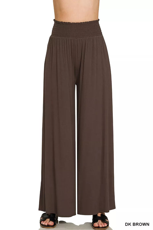 Dark brown wide-leg pants on a white background