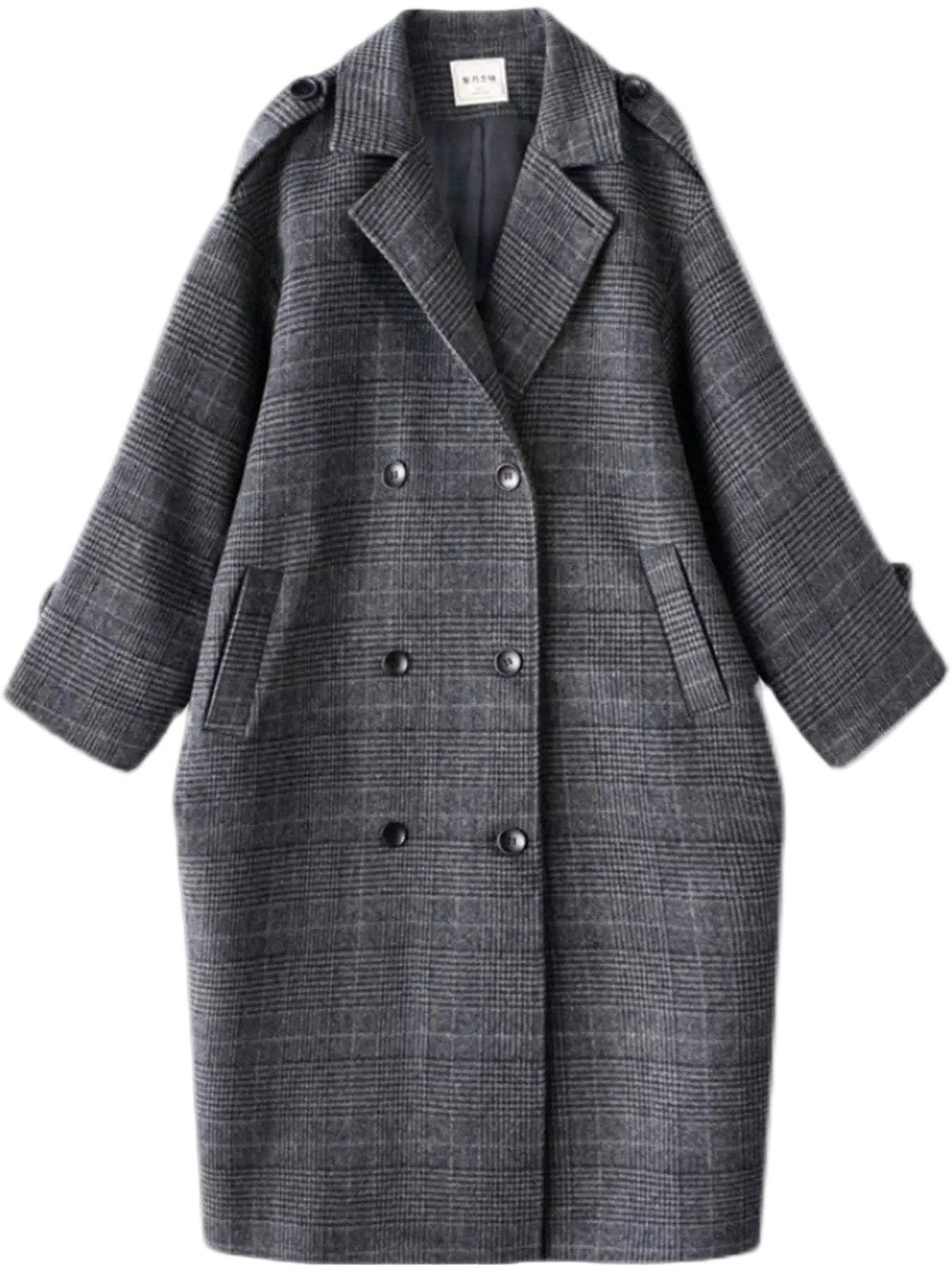 A double-breasted gray plaid coat with a notched lapel, button closure, and front patch pockets, shown against a plain white background.