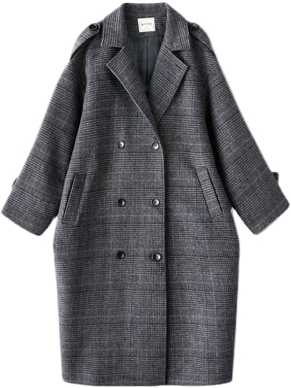 A double-breasted gray plaid coat with a notched lapel, button closure, and front patch pockets, shown against a plain white background.