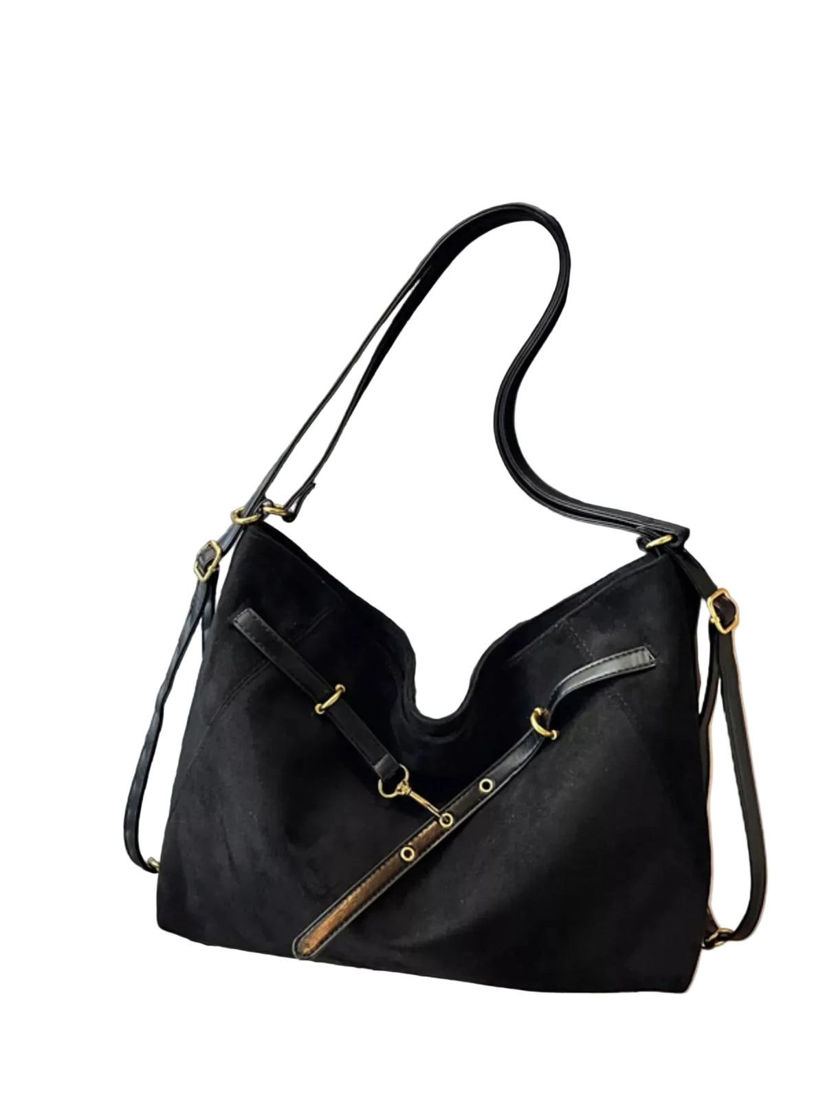A black leather hobo shoulder bag with gold-tone hardware, resting on a surface in front of window blinds.