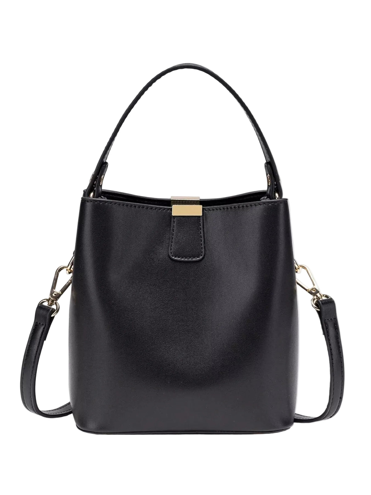 A black leather bucket handbag with a top handle, a detachable shoulder strap, and a gold-tone metal clasp on the front, shown against a plain white background.