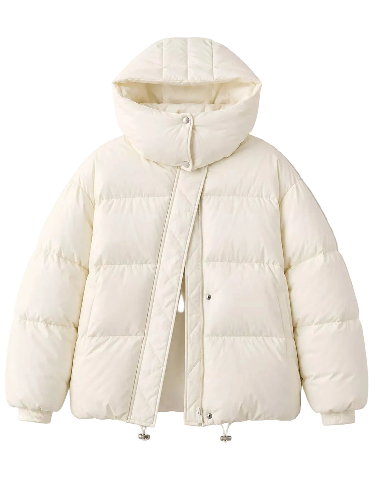 An off-white hooded puffer jacket with horizontal quilting, shown against a neutral light gray background.