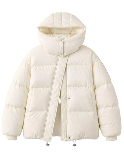 An off-white hooded puffer jacket with horizontal quilting, shown against a neutral light gray background.