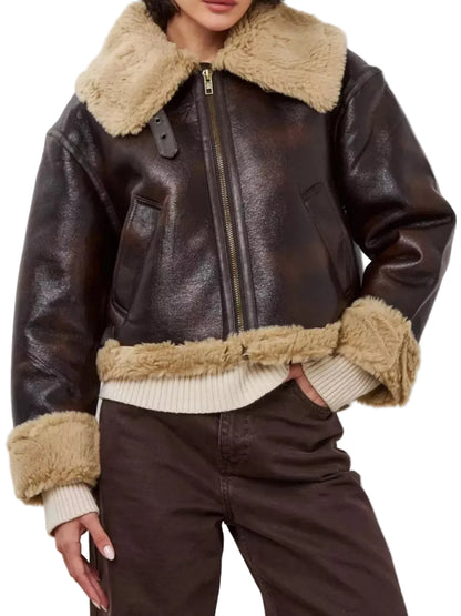 Vintage-inspired faux leather aviator jacket with plush shearling trim