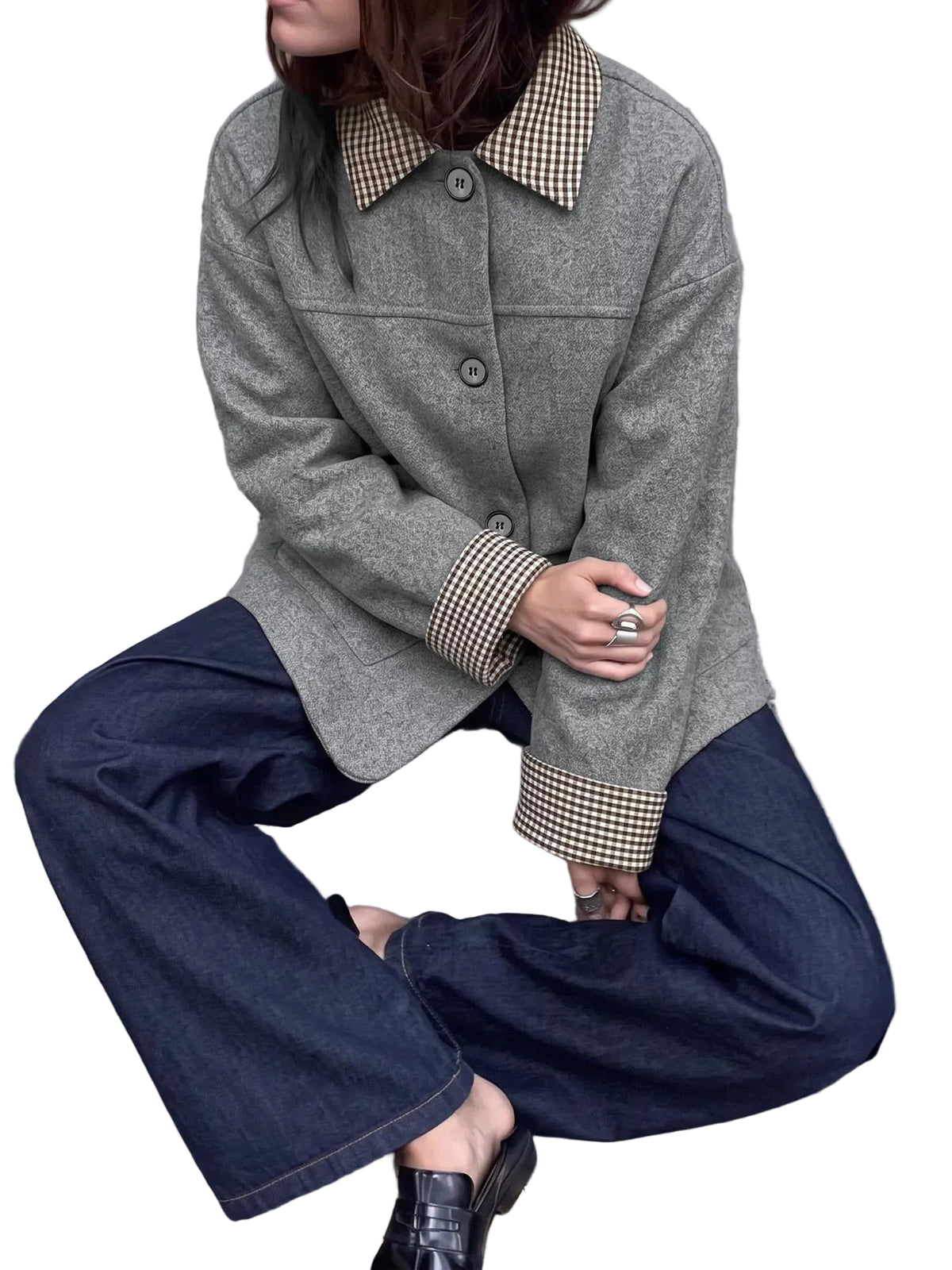 Button-down outerwear with gingham contrast details