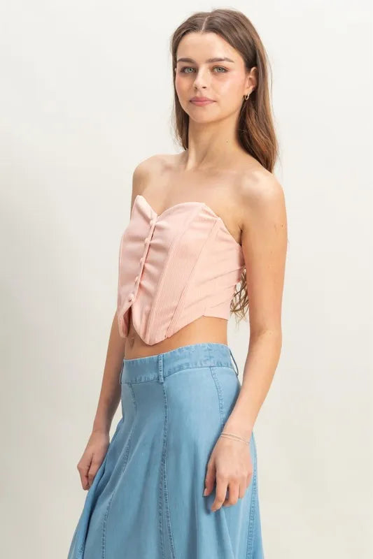 Buttoned Front Strapless Knit Bustier Top.