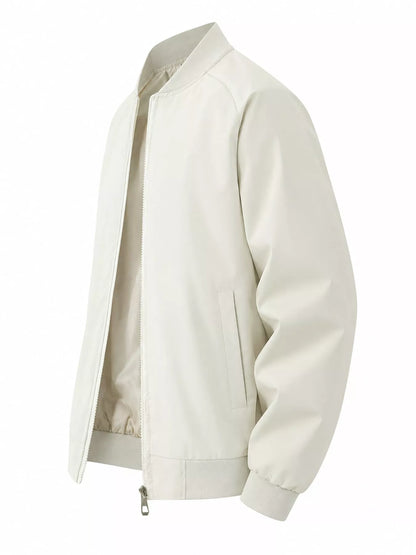 An off-white bomber jacket shown from a three-quarter side angle on a clean white background.
