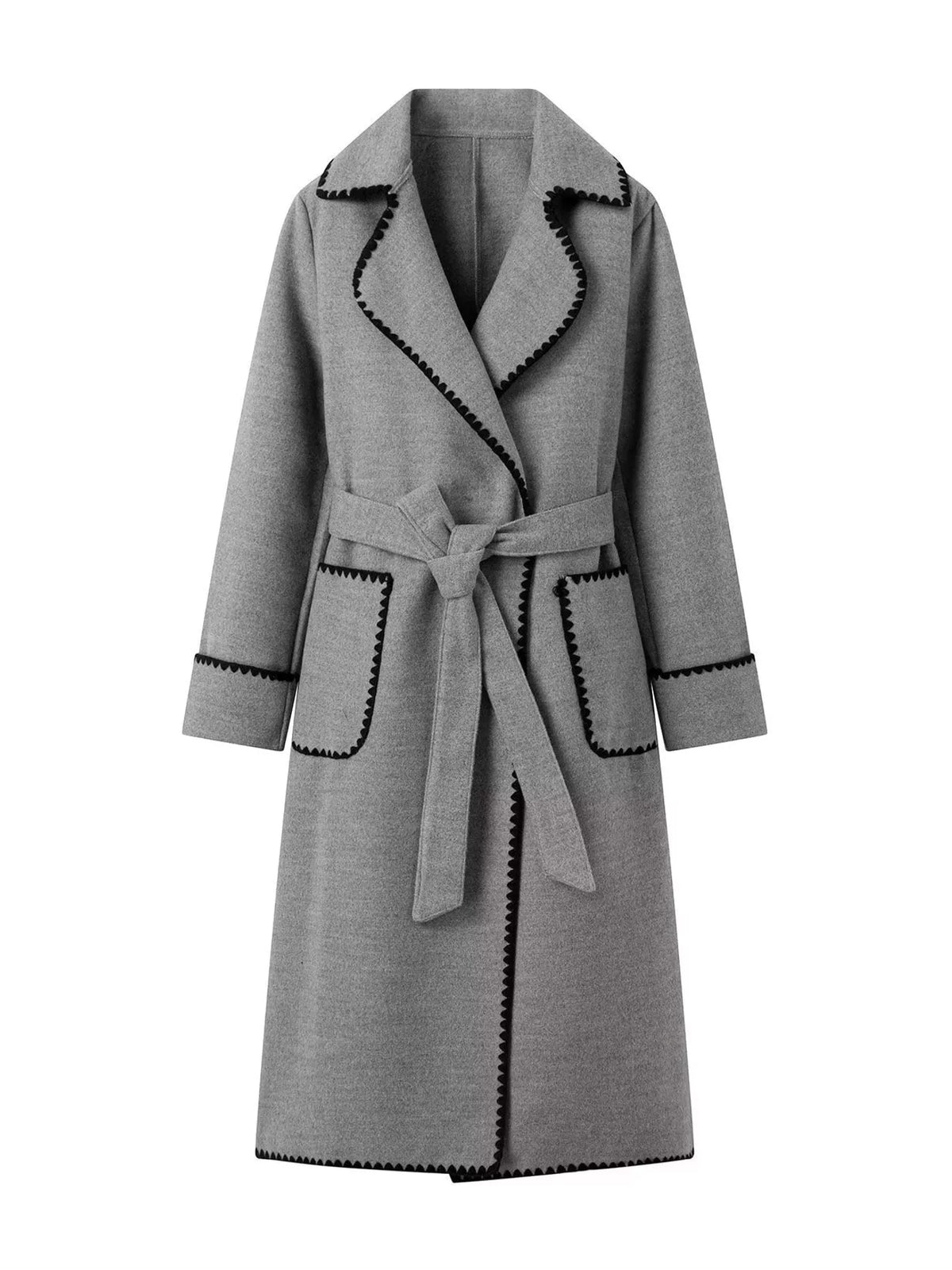A gray wrap coat with black contrast stitching along the edges, featuring a tie belt, large front patch pockets, and a wide collar, shown against a plain white background.