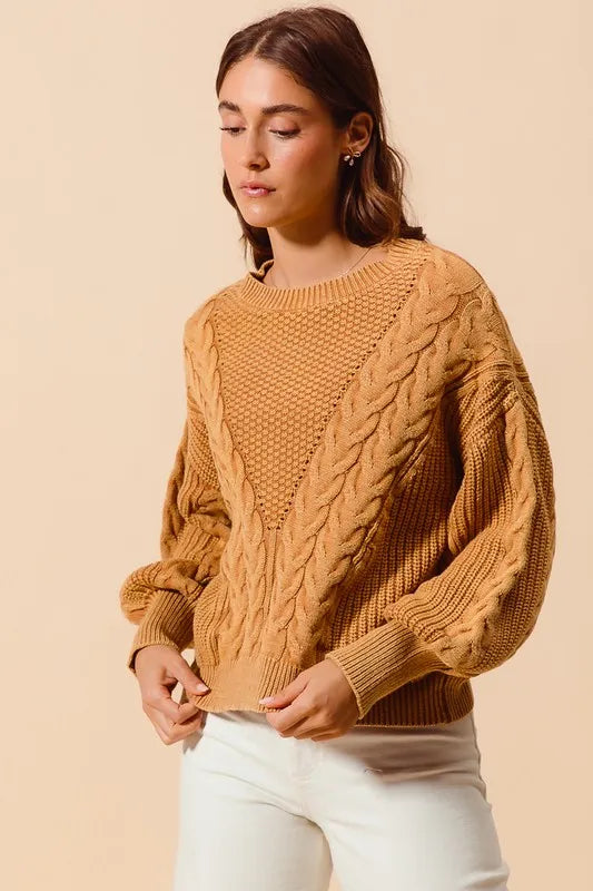 Mineral Washed Loose Fit Textured Cable Sweater.