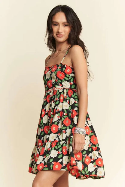 Floral Scalloped Cutout Back Mini Dress.