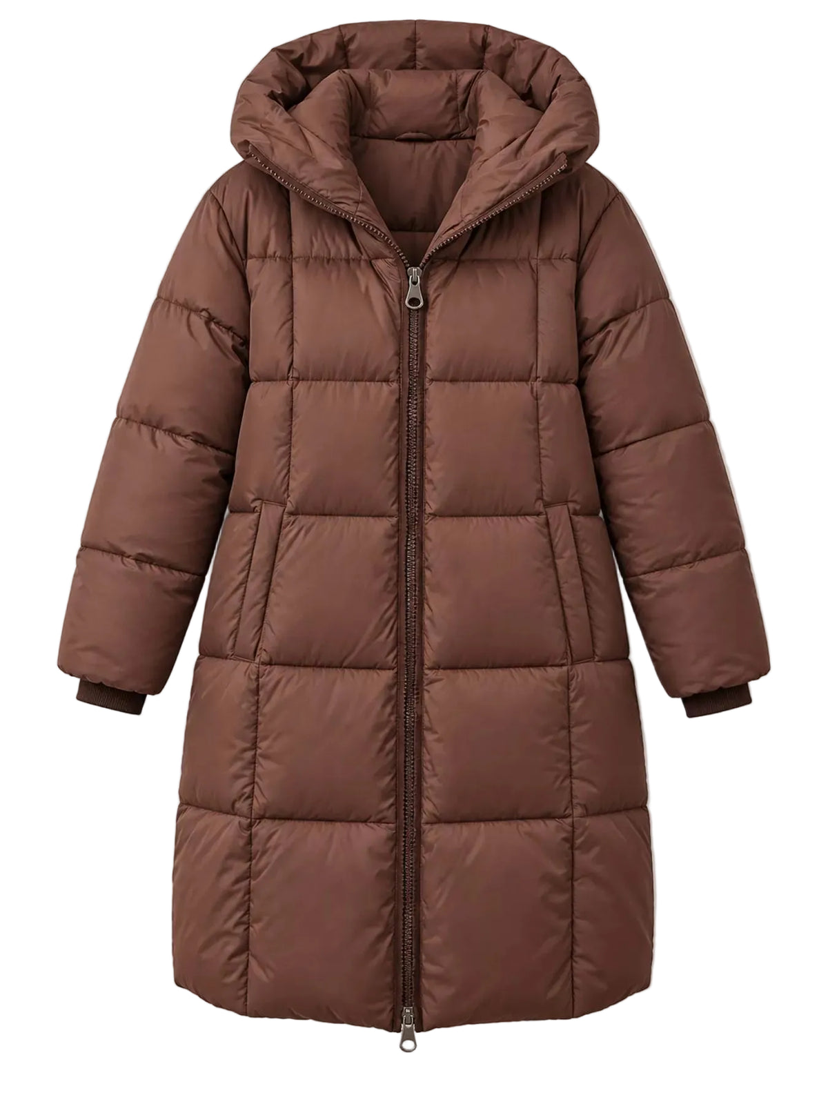A brown hooded puffer coat with horizontal quilting, shown against a light gray background.