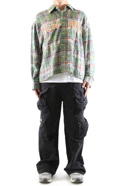 Long Sleeve Washed Flannel Crop Top Button Down Shirt