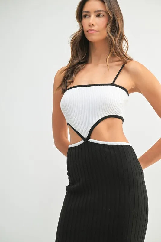 Ribbed Knit Color Block Cutout Midi Dress.