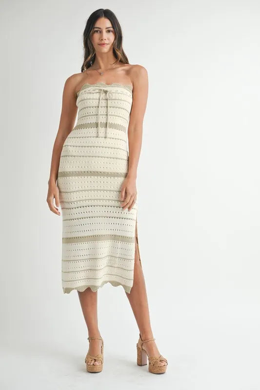 Contrast Striped Crochet Knit Midi Dress.