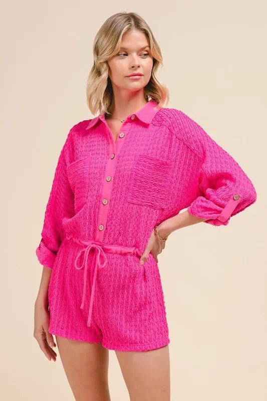 Textured Knit Button Front Romper.
