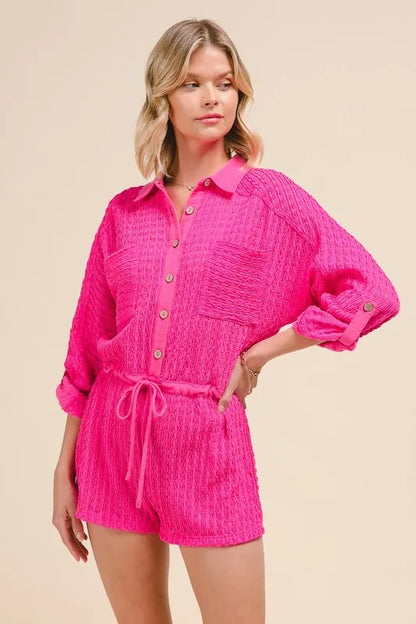 Textured Knit Button Front Romper.