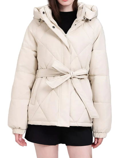 Quilted Waist Belt Hooded Puffer Outerwear