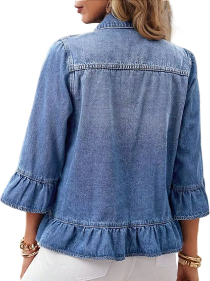 A woman wearing a blue denim jacket with three-quarter ruffled sleeves and a ruffled hem, shown from the back.