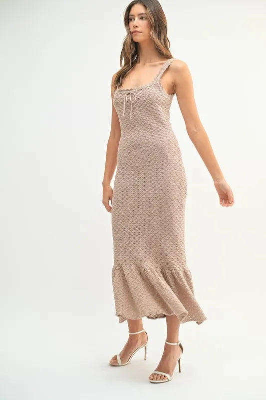 Ruffled Hem Sleeveless Crochet Knit Midi Dress.