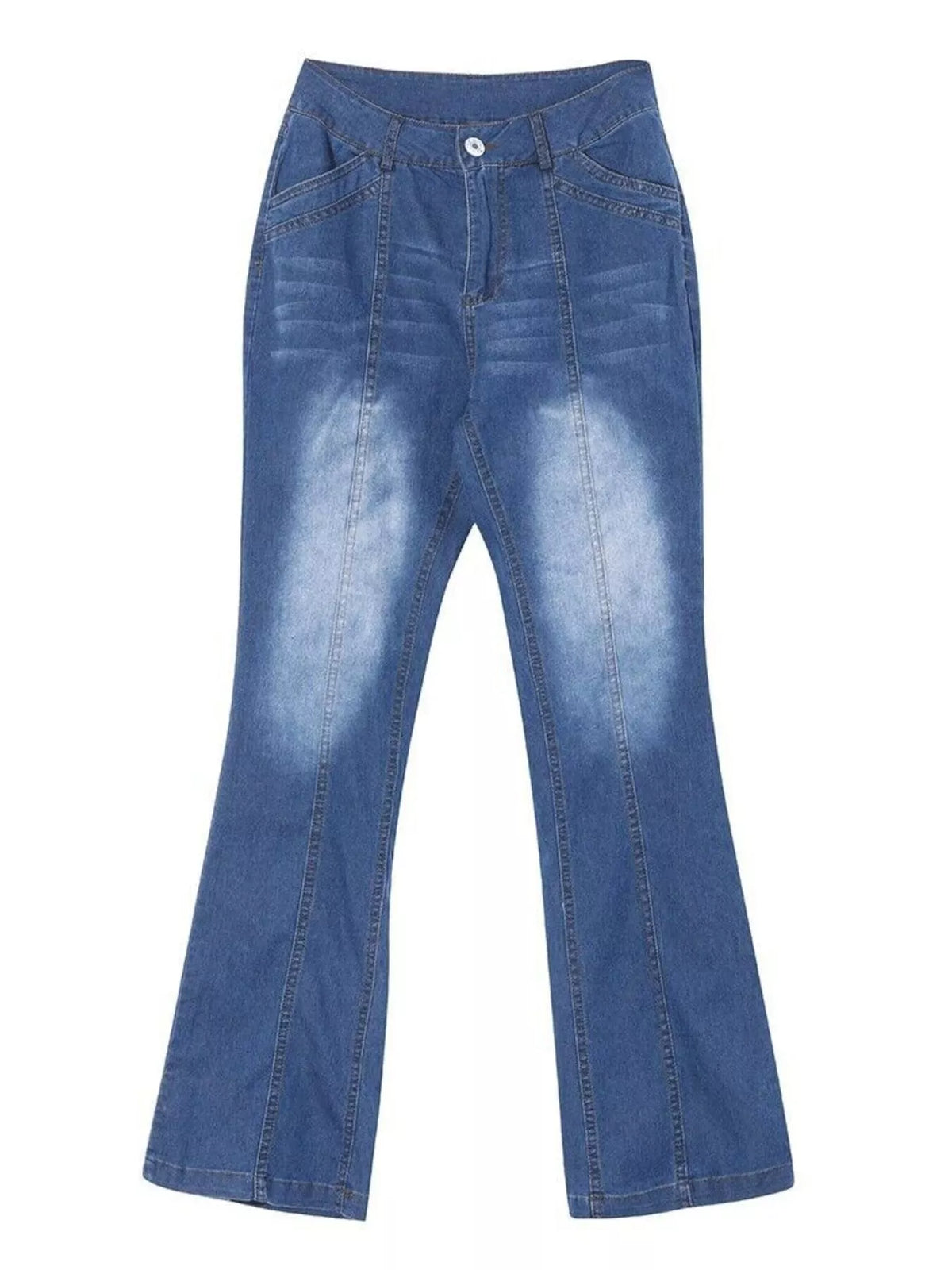 A pair of medium blue denim jeans with a faded white wash on the front thighs, shown flat against a plain white background.