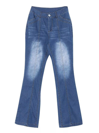 A pair of medium blue denim jeans with a faded white wash on the front thighs, shown flat against a plain white background.