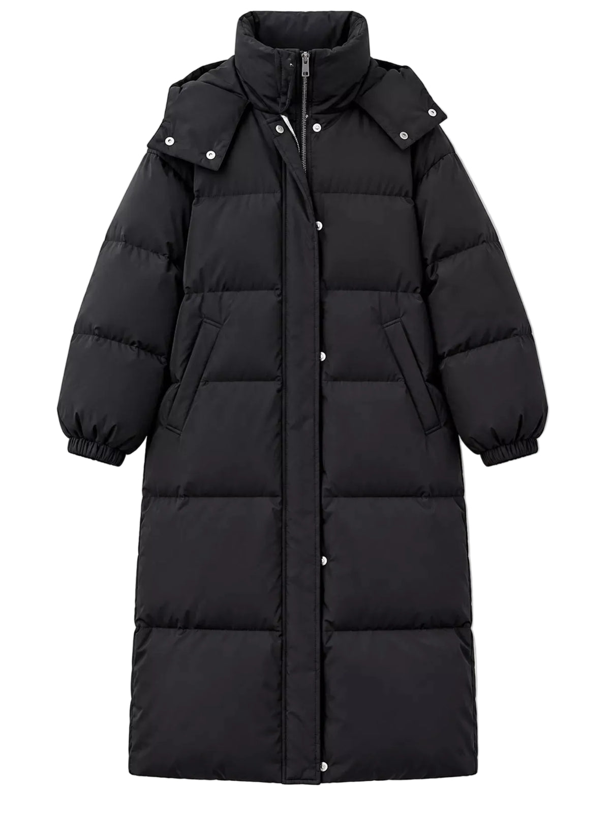 A long black puffer coat with a high collar, front zipper and snap-button closure, and side pockets, shown against a plain light gray background.