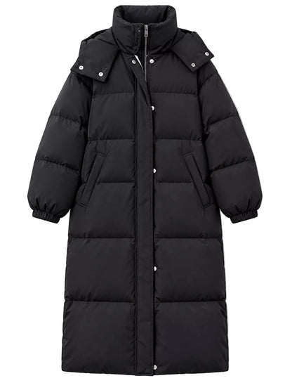 A long black puffer coat with a high collar, front zipper and snap-button closure, and side pockets, shown against a plain light gray background.