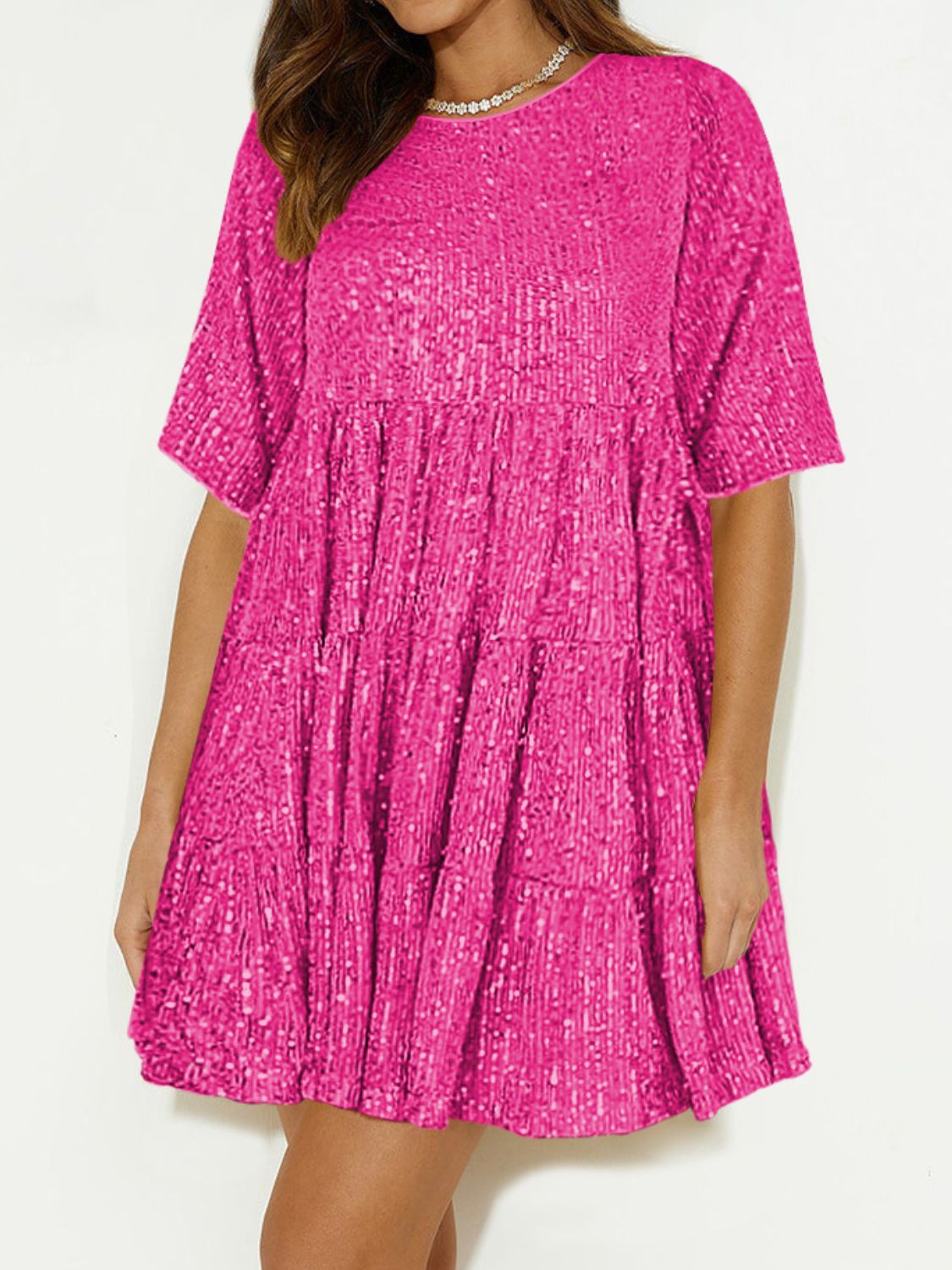 Sequin Round Neck Half Sleeve Mini Dress