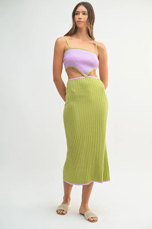 Ribbed Knit Color Block Cutout Midi Dress.