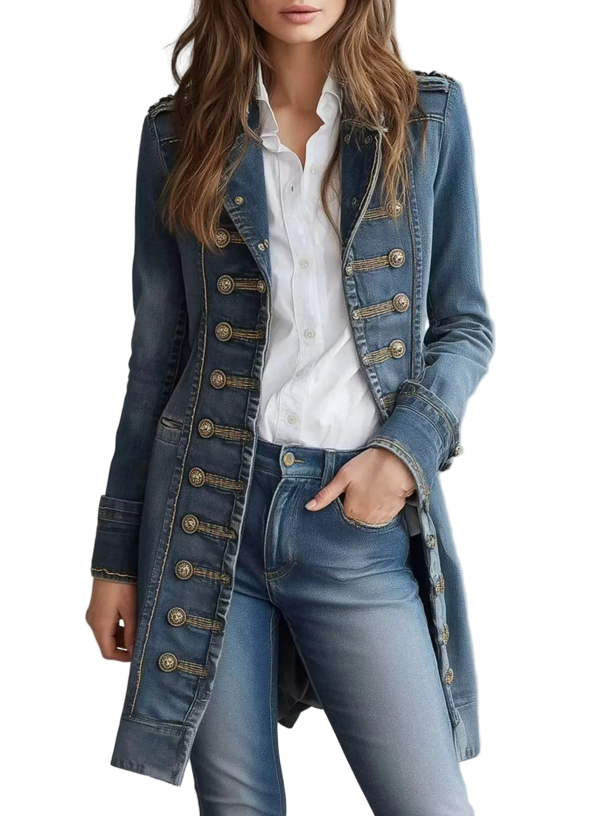 A woman wearing a blue denim military-style coat with ornate gold-toned buttons over a white button-down shirt and blue jeans, photographed against a soft light gray studio background.