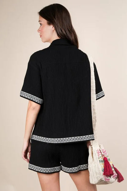 Crinkled Woven Shirt Top & Shorts Set.